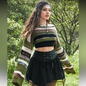 Striped Knit Bell Sleeve Crop Top